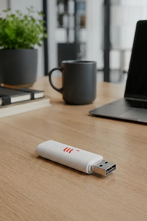 Rangée de stylos publicitaires posés sur un bureau